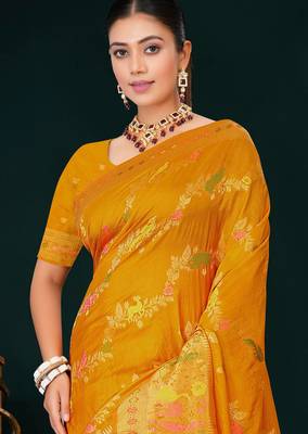 Mustard yellow faux georgette saree with zari and thread work with tassels 4