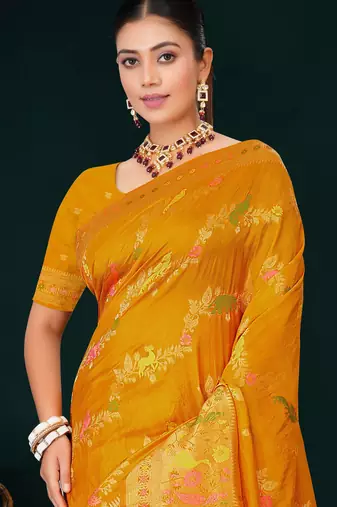 Mustard yellow faux georgette saree with zari and thread work with tassels