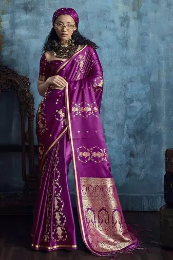 Magenta satin handloom weaving saree