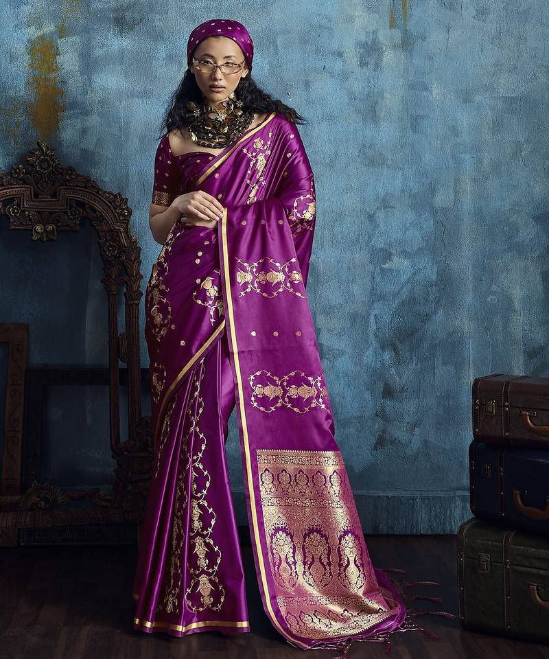 Magenta satin handloom weaving  saree