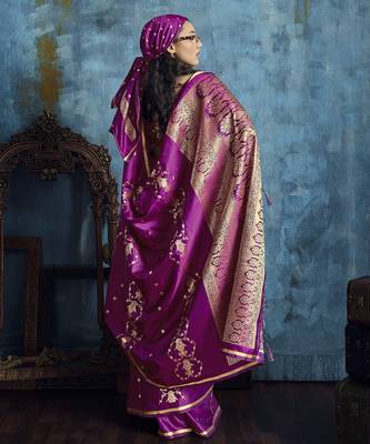 Magenta satin handloom weaving silk saree 2