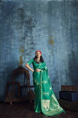 Sea green satin handloom weaving silk saree 1