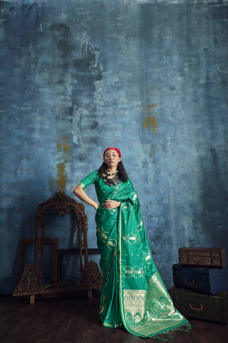 Sea green satin handloom weaving saree