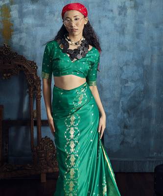 Sea green satin handloom weaving silk saree 2