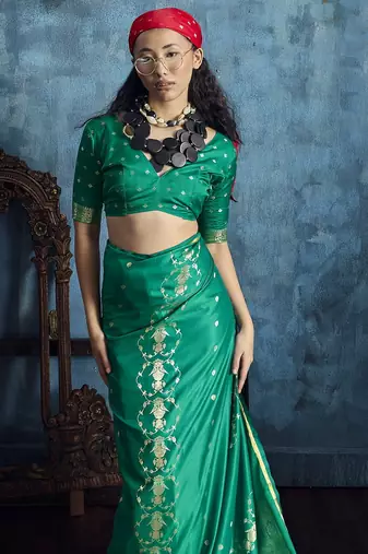 Sea green satin handloom weaving saree