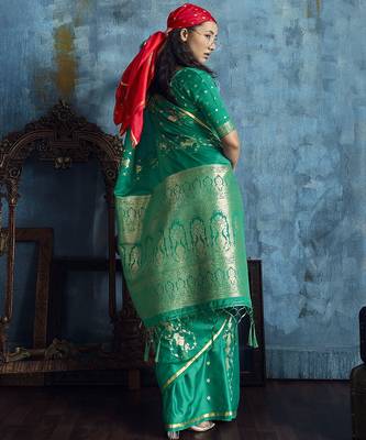 Sea green satin handloom weaving silk saree 3