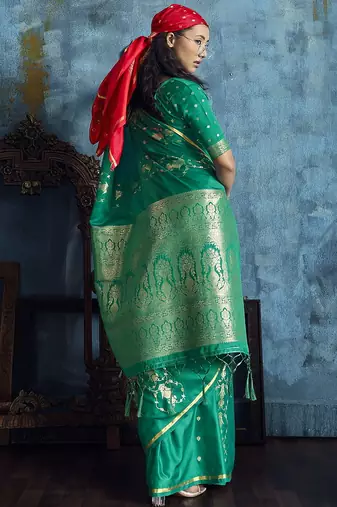 Sea green satin handloom weaving saree