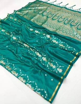 Sea green satin handloom weaving silk saree 4