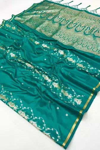 Sea green satin handloom weaving saree