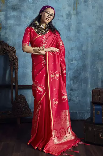 Rani pink satin handloom weaving saree