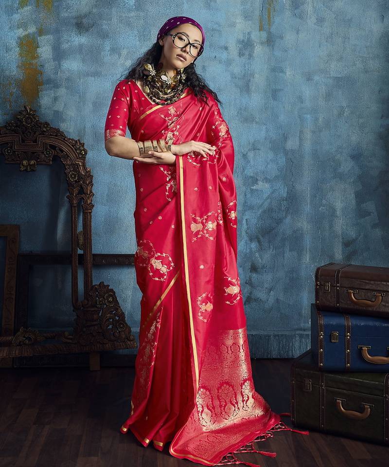 Rani pink satin handloom weaving saree
