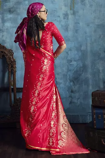 Rani pink satin handloom weaving saree