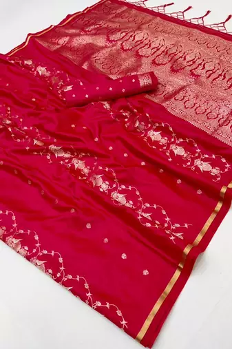 Rani pink satin handloom weaving saree