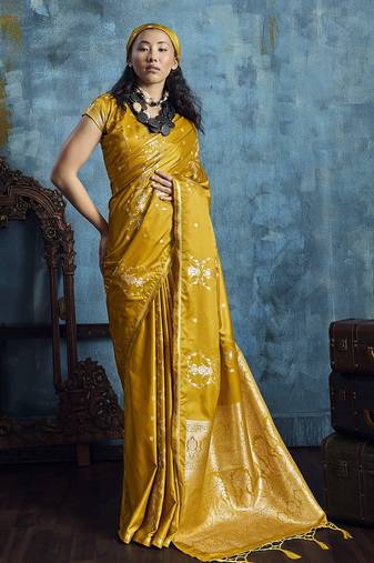 Gold satin handloom weaving saree