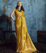 Gold satin handloom weaving saree