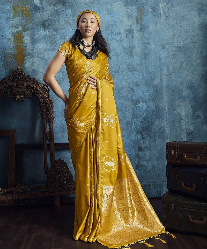 Gold satin handloom weaving saree