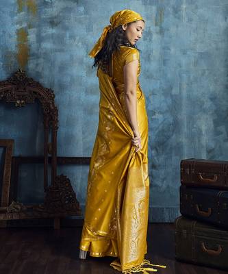 Gold satin handloom weaving silk saree 2