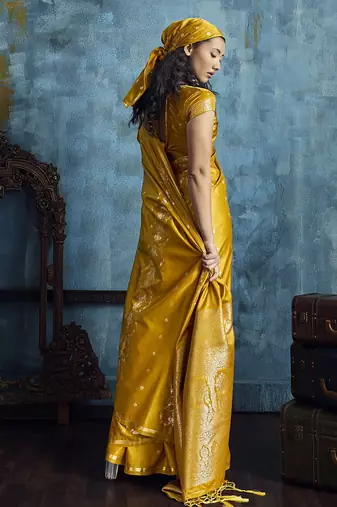Gold satin handloom weaving saree