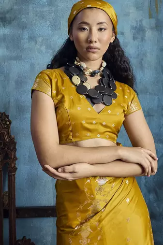 Gold satin handloom weaving saree