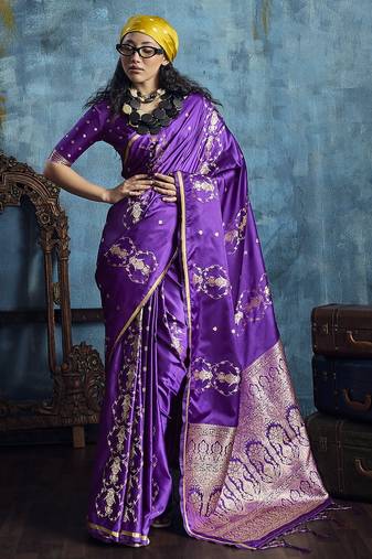 Purple satin handloom weaving saree