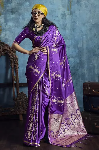 Purple satin handloom weaving saree