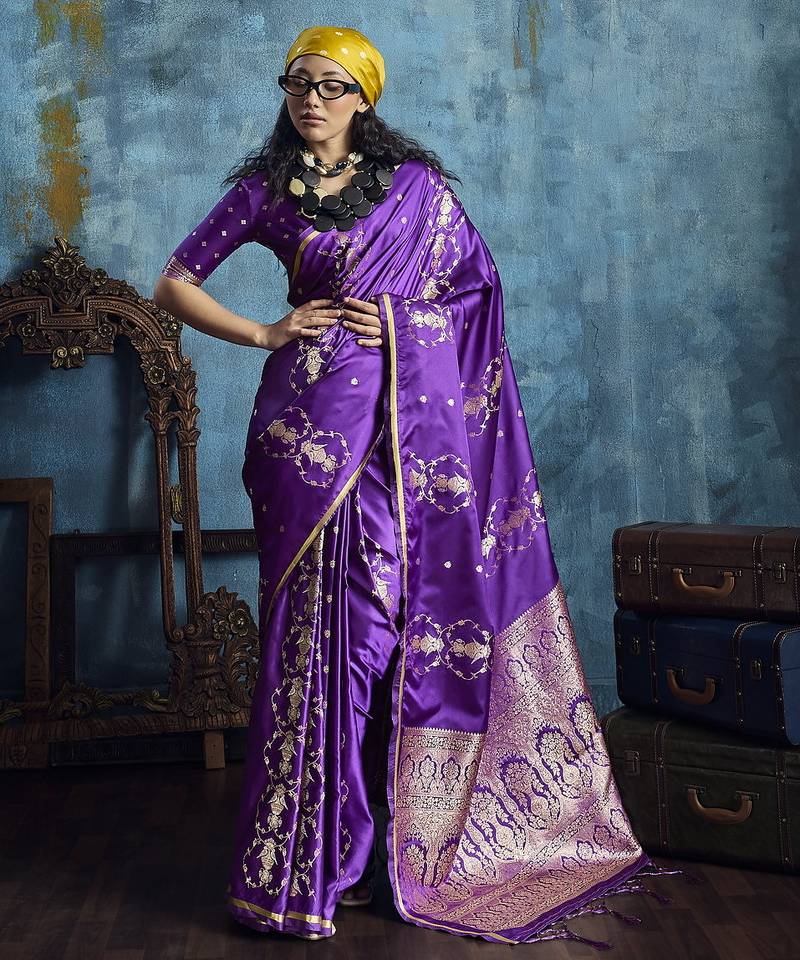 Purple satin handloom weaving saree