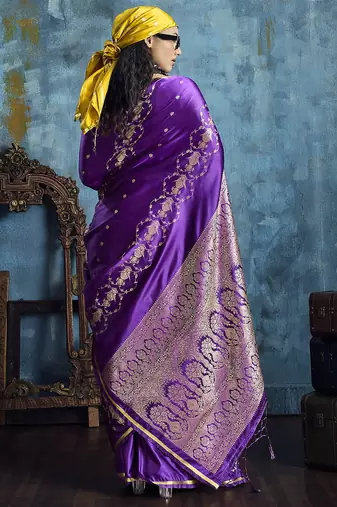 Purple satin handloom weaving saree