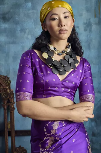 Purple satin handloom weaving saree