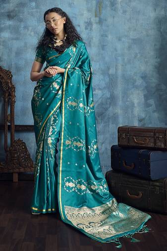 Teal satin handloom weaving silk saree