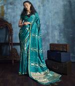 Teal satin handloom weaving saree