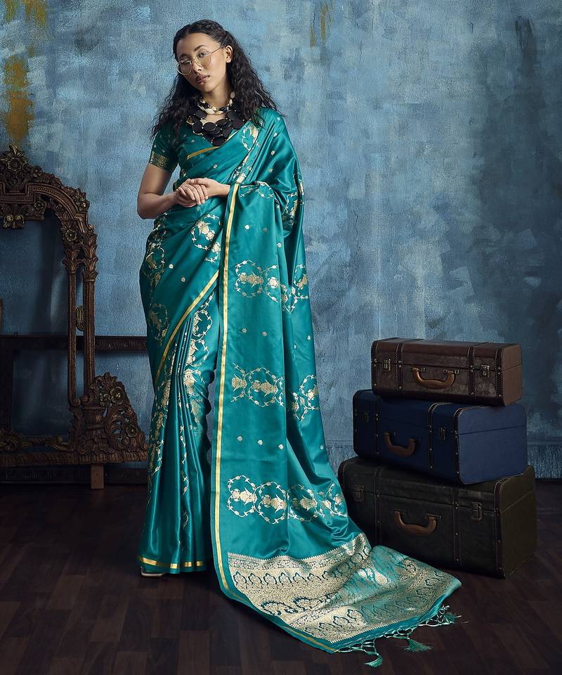 Teal satin handloom weaving saree