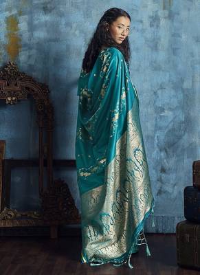 Teal satin handloom weaving silk saree 2