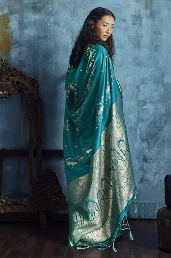 Teal satin handloom weaving saree