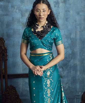 Teal satin handloom weaving silk saree 3