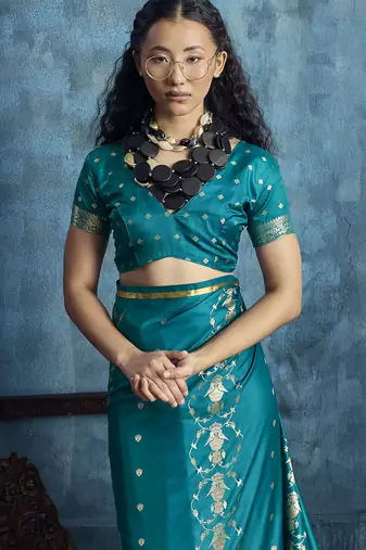 Teal satin handloom weaving saree
