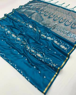 Teal satin handloom weaving silk saree 4