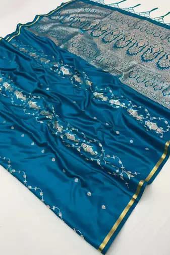 Teal satin handloom weaving saree
