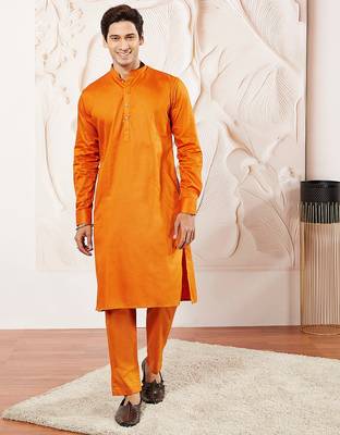 Classic cotton sunset orange color kurta pajama for men 1