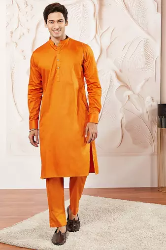 Classic cotton sunset orange color kurta pajama for men
