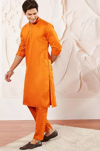 Classic cotton sunset orange color kurta pajama for men