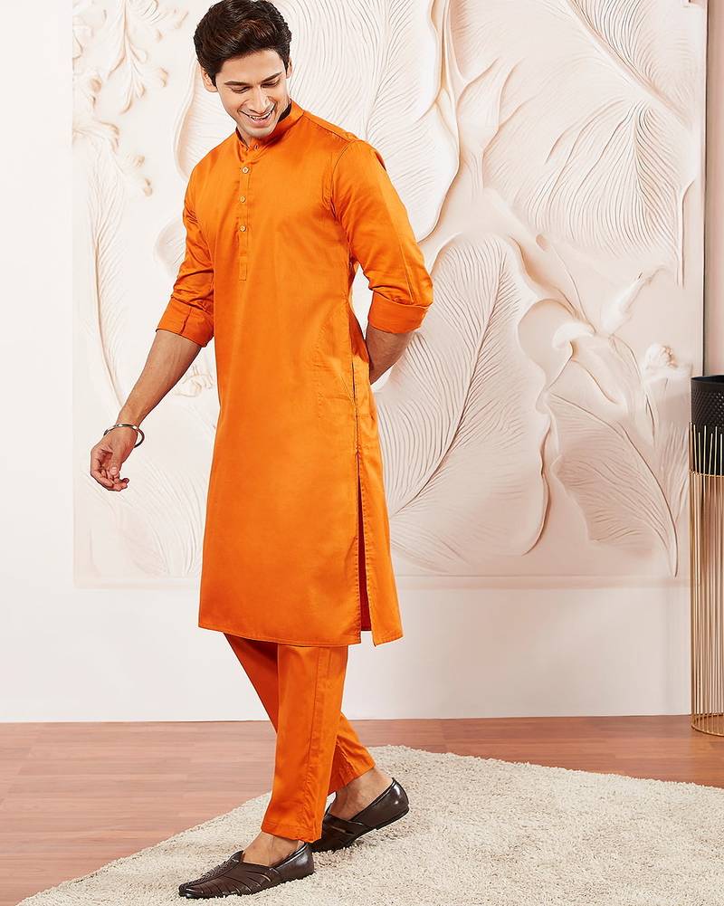Classic cotton sunset orange color kurta pajama for men