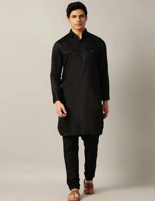 Classic style black pathani kurta with cream pants 1