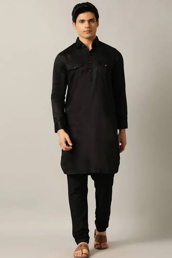 Classic style black pathani kurta with cream pants