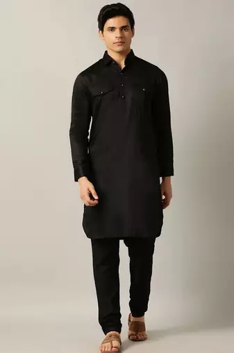 Classic style black pathani kurta with cream pants