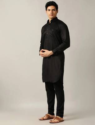 Classic style black pathani kurta with cream pants 2