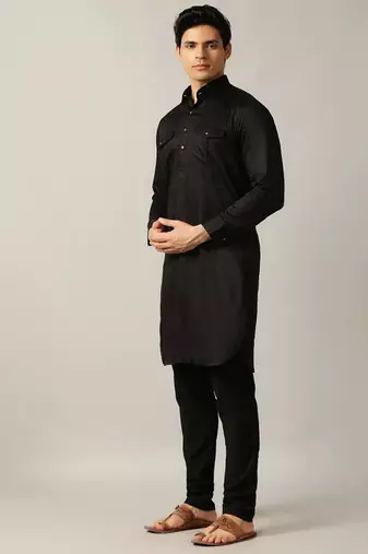 Classic style black pathani kurta with cream pants
