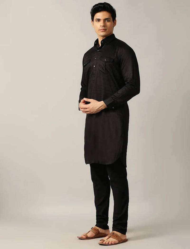 Classic style black pathani kurta with cream pants