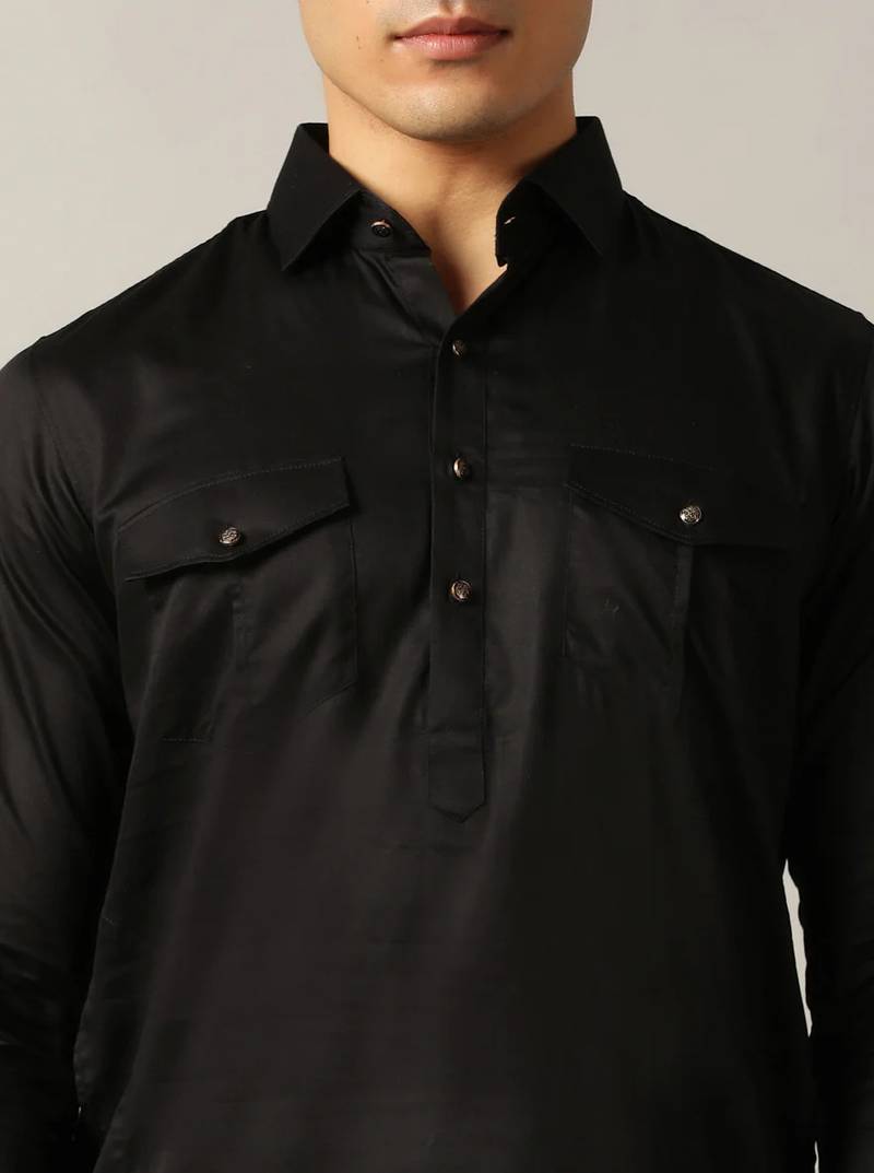 Classic style black pathani kurta with cream pants