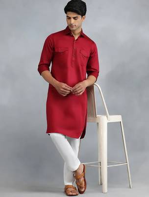 Classic style red pathani kurta with cream pants 1