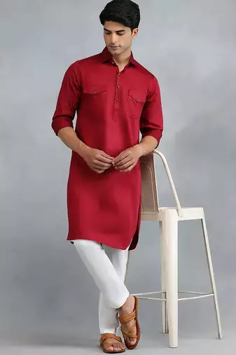 Classic style red pathani kurta with cream pants